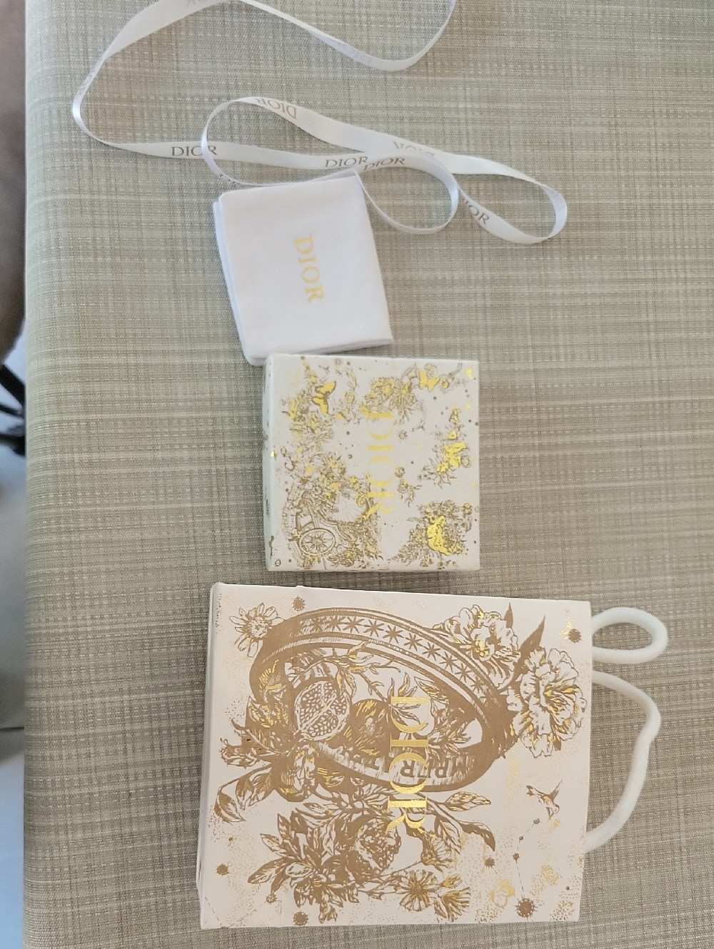 Dior White and Gold Floral Gift Bag with Ribbon and Pouch